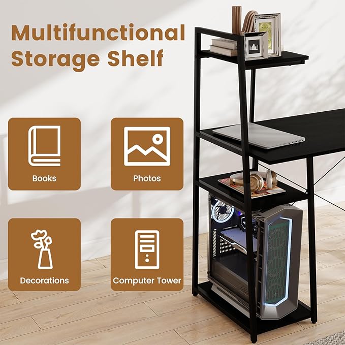 Tangkula Computer Desk with Shelves Space Saving Home Office Desk with 3-Tier Ladder Shaped Storage Bookshelf Modern Writing Study Desk with Metal Frame Compact Computer Workstation (Black)