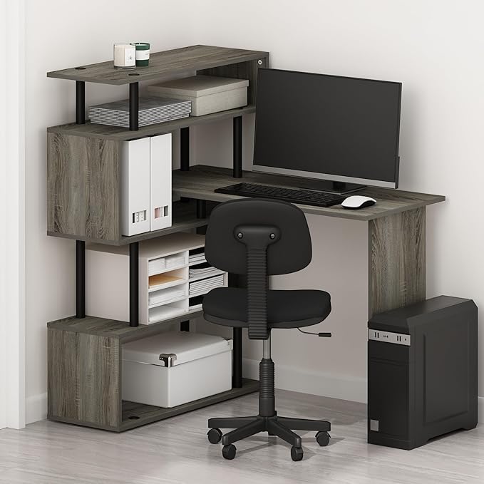 Furinno Moore L Shape Computer Desk 40 Wide Gaming Desk with 5-Tier S-Shaped Side Shelves Office Desk for Home Office Study Gaming Grey Oak