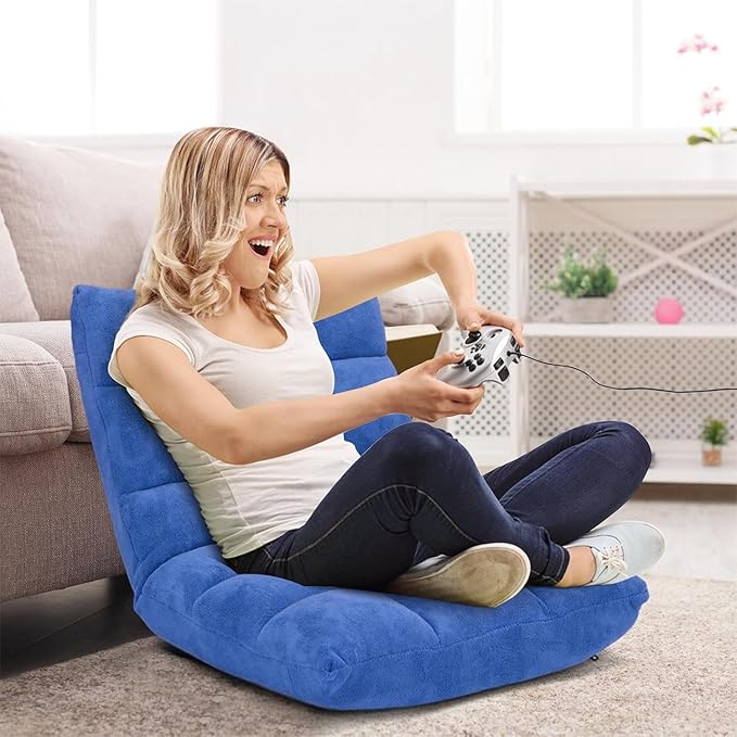 KOMFOTT 14-Position Adjustable Floor Chair with Back Support - Folding Padded Gaming Sofa Chair for Reading Meditation Living Room Lazy Lounge Video Gaming - Blue