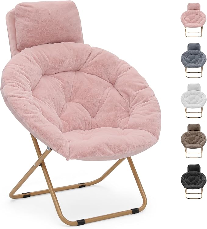 Round Comfy Saucer Chair with Headrest Large Cozy Metal Frame Cozy Lounge Lazy Chair Folding Faux Fur Saucer Chair for Adults Foldable Papasan Moon Chair