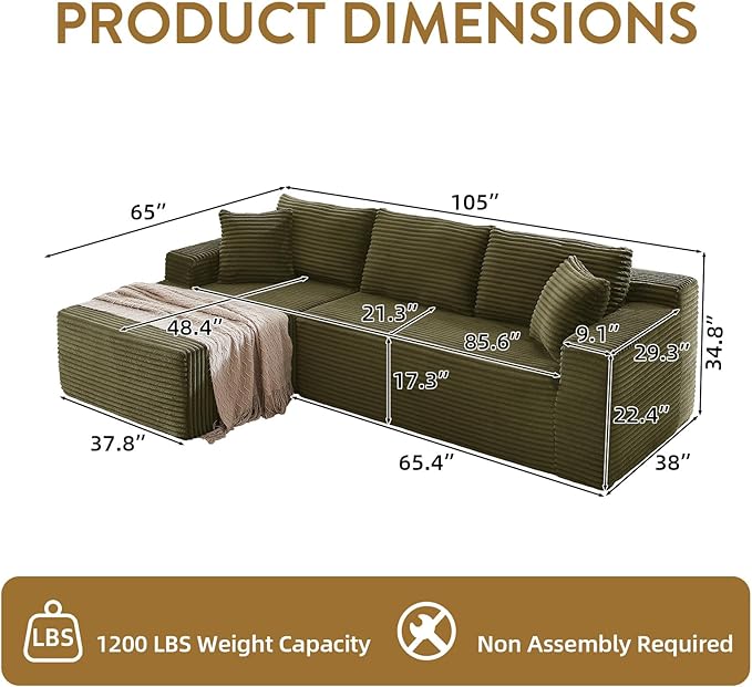 Cloud Sectional Couch with L-Shape Chaise105 Modern Minimalist Modular Sectional Sofa Fluffy Corduroy Upholstered Couches for Living Room No Assembly Required (Green Left Facing Chaise)