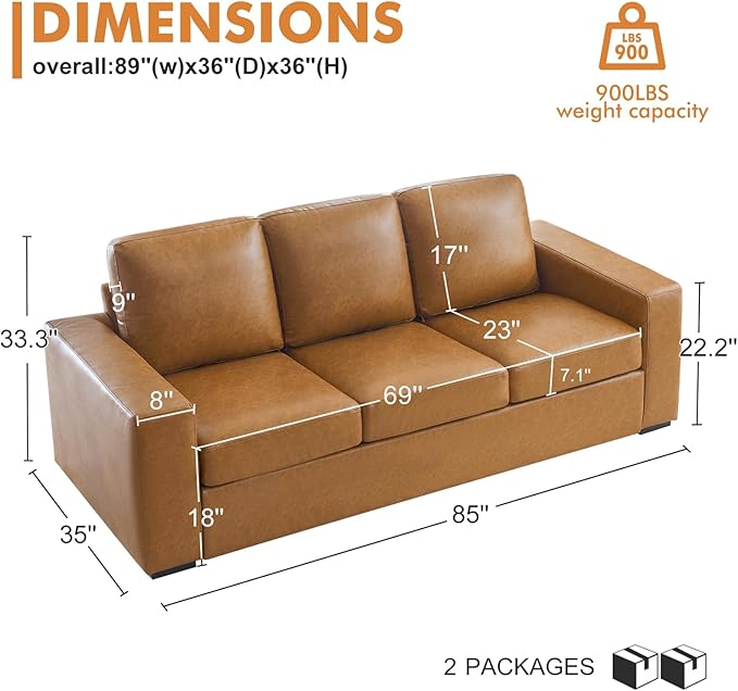 ELUCHANG 85 Luxury 3 Seater Sofa Couch for Living Room Modern Upholstered Faux Leather Sofas Couches with Extra Deep Seats&ampRemovable Cover Comfy Sofa Couch for Apartment Lounge Brown 2PCS