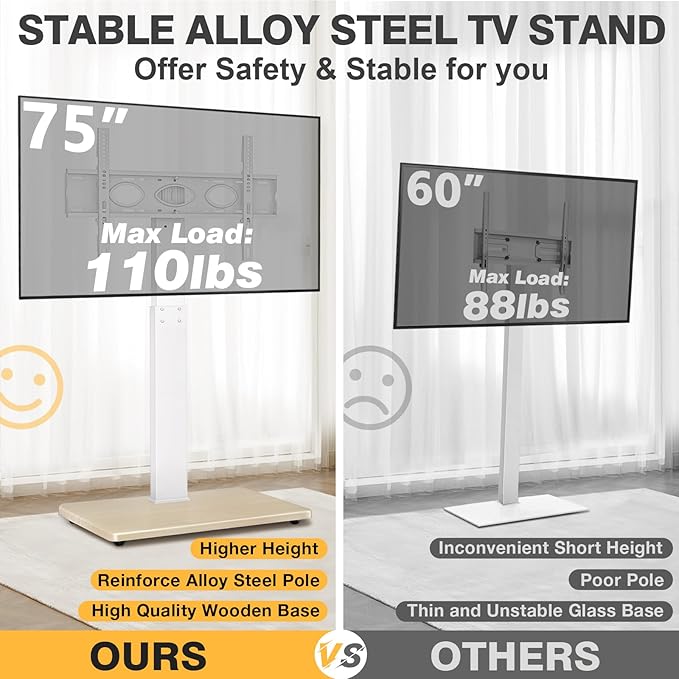 TV Floor Stand for 32-75 Inch Plasma LCD LED OLED Flat Panel or Curved Screen TVs Swivel TV Stand Mount with Height Adjustment and Sturdy Wood Base White