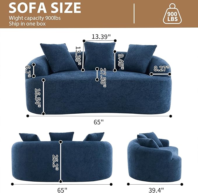 65 Curved Loveseat for Small SpacesBoneless Loveseat SofaWood Grain Chenille Fabric No Installation Requirement Curved Sofa Couch for ApartmentLiving RoomOffice (Blue 65)