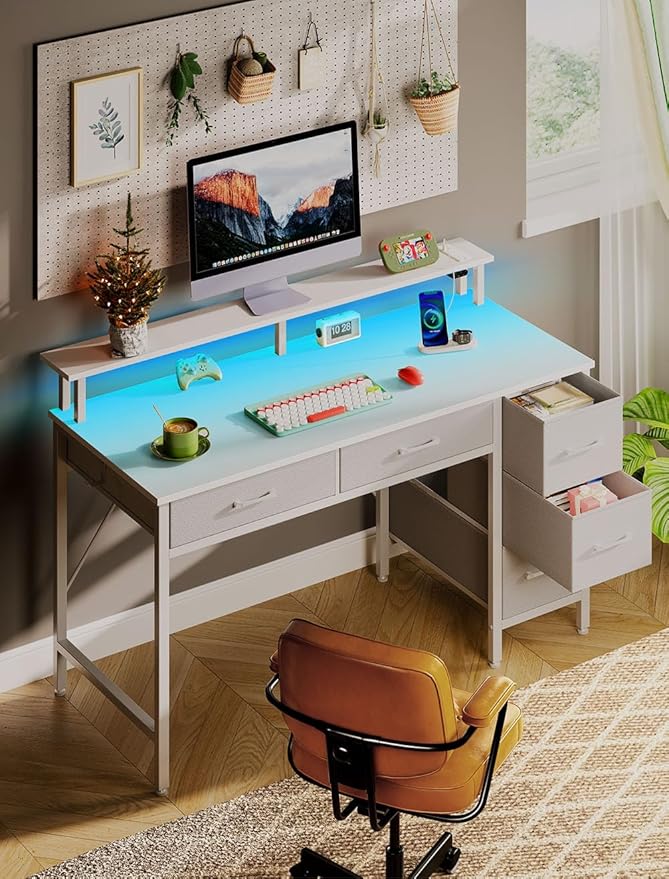 Seventable Computer Desk with Power Outlets &amp LED Light 55 inch Home Office Desk with 5 Drawers Writing Desk with Monitor Stand Work Desk for Home Office White