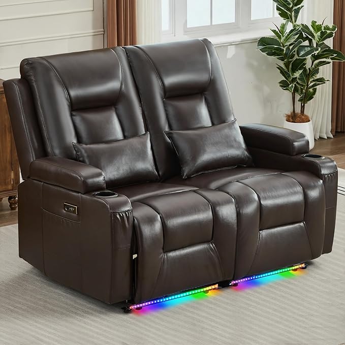 URRED Power Loveseat Recliner Sofa Wall Hugger Reclining Loveseat RV Couch with LED Light USB Ports Cup Holders and Side Pockets for Home Theater Faux Leather - Dark Brown