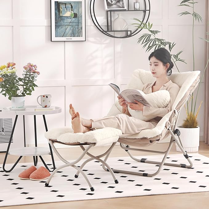Saucer Chair with Ottoman Comfy Oversized Folding Chair Faux-Fur Reading Chair for Adults Foldable Accent Lazy Chair Metal Frame Chair for Living Room Bedroom Beige