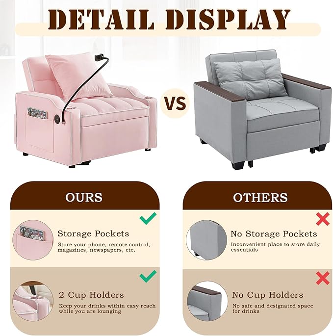 KINFFICT Sleeper Sofa Chair Bed Convertible 3-in-1 Sofa Armchair Adjustable Sleeper with Pullout Bed Single Lounger Futon with Side Pockets for Living Room (Pink)