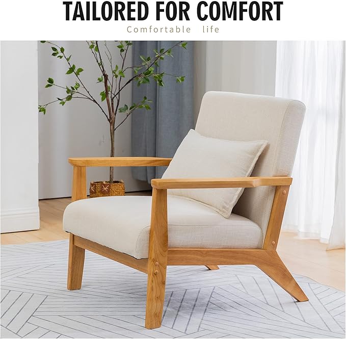 UNICOO - Mid-Century Modern Accent Chair Fabric Reading Armchair Easy Assembly Lounge Chair for Living Room Bedroom (U202-1 Nature + Beige)