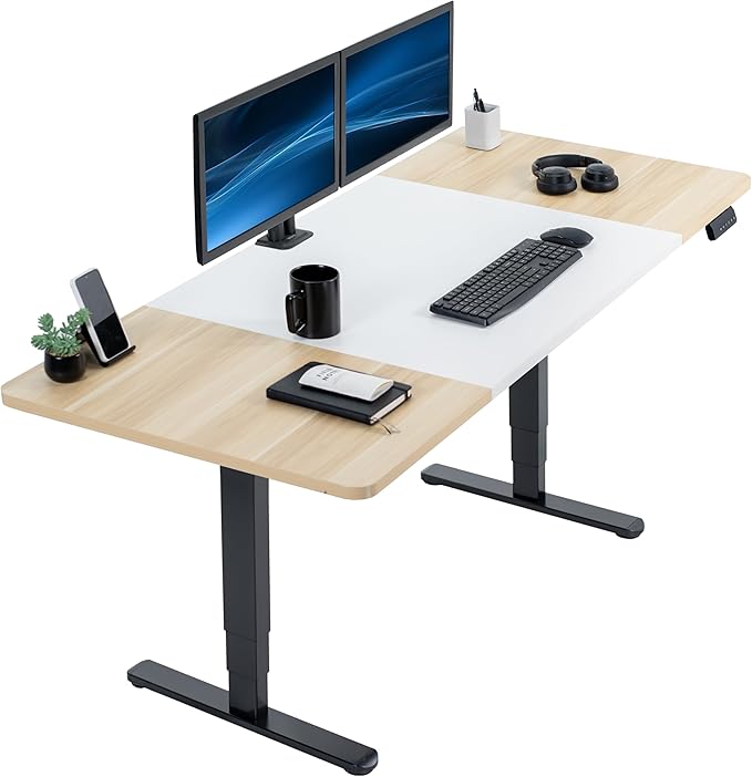 VIVO Electric 71 x 30 in Dual Motor Sit Stand Desk Memory Height Adjustment 2B Series White and Light Wood Top Black Frame DESK-KIT-2B7WC