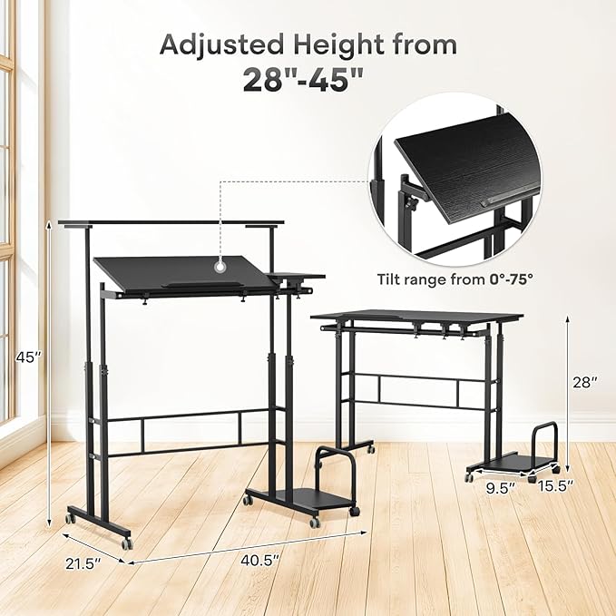 Athena Collection Height-Adjustable Mobile Laptop Stand Cart with CPU Holder Rolling Sit-Stand Desk Workstation for Home Office Black