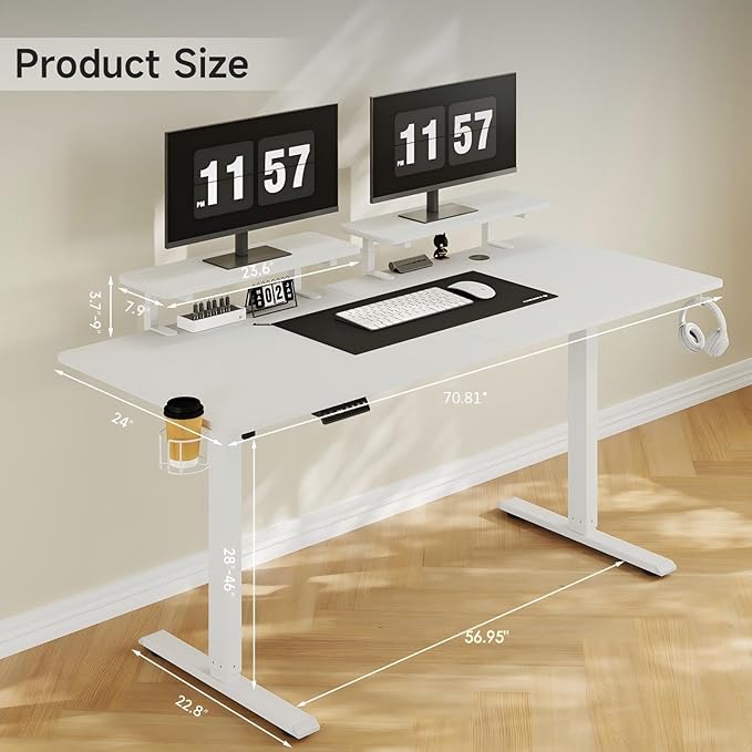 71 x 24 Inches Electric Standing Desk with 2 Monitor Shelves Adjustable Computer Desk from 28-46'' Sit to Stand UpHome Office Desk with Memory Controlller for Workstations White