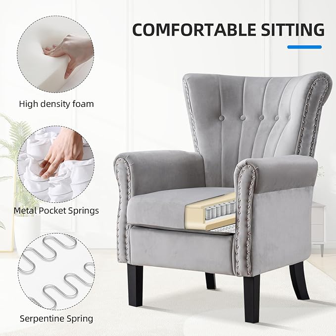Modern Velvet Accent Chair Upholstered Tufted Armchair Wingback Chair Single Sofa Club Chair with Solid Wood LegsComfy Reading Chair for Living RoomBedroomLoungeOffice (Gray)