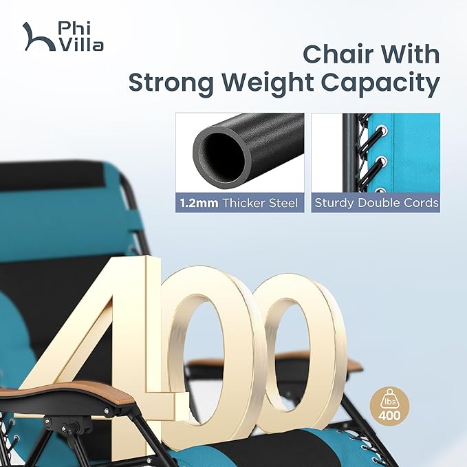 PHI VILLA XXL Oversized Padded Zero Gravity Chair Foldable Patio Recliner 30 Wide Seat Anti Gravity Lounger with Cup Holder Support 400 LBS (Aqua)