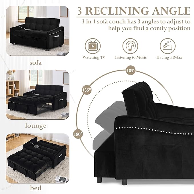 Sleeper Sofa Couch with Type C USB Port 3 in 1 Modern Velvet Convertible Loveseat Sofa w/Pull Out Bed Curved Armrest for Small Space Livingroom Apartment Office Black