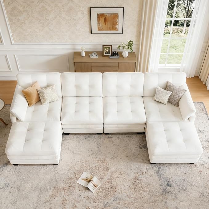 Modular Sectional U Shaped Sofa Couches for Living Room Cloud Couch with Movable Ottoman Comfy Chenille Sofa with Pillow for Bedroom and ApartmentBeige-Tufted