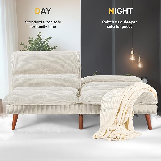 Flamaker Convertible Futon Sofa Bed Futon Couch with Adjustable Back Upholstered Sleeper Sofa Bed for Living Room Furniture (Corduroy White)