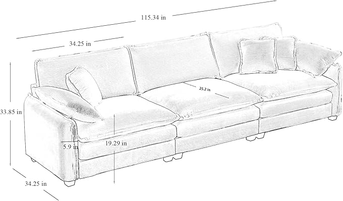 115.34 Modular Sectional Couch 3 Seat Extra Deep Corduroy Sofa with 2 Arm Pillows and 3 Throw Pillows Modern Upholstered Comfy Couches for Living Room Bedroom Office Apartment Green