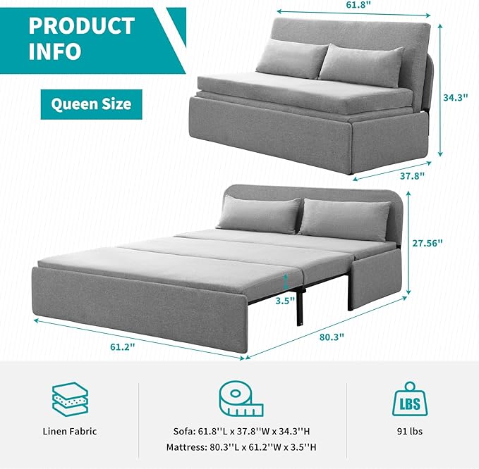 BALUS 61 Queen Sleeper Sofa Bed Pull Out Couch with Pullout Beds 2 in 1 Convertible Linen Loveseat Sofas Sleepers with Pillows Tri-fold Mattress for Small Space Office Apartment Loft Light Grey