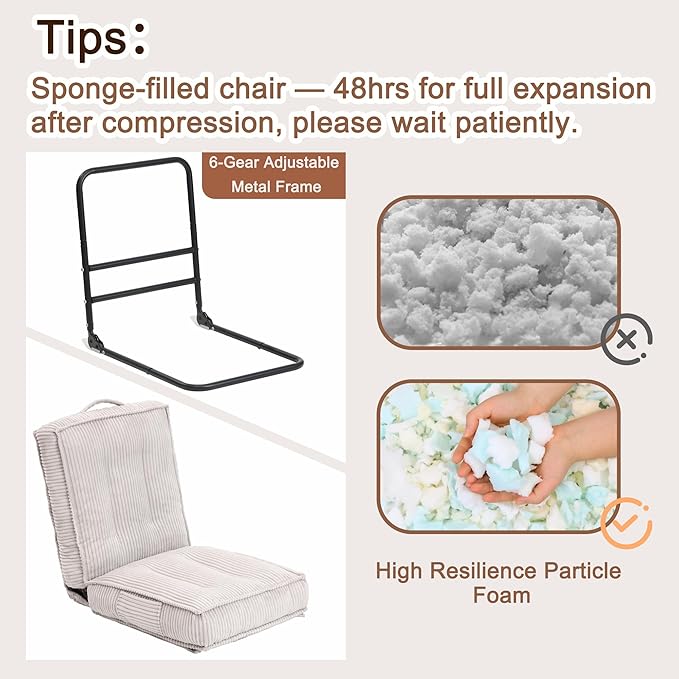 Adjustable Floor Chair with Back Support 6-Position Folding Meditation Chair Floor Sofa Chairs for Adults Comfy Accent Chairs for Reading Gaming Living Room Bedroom Light Grey