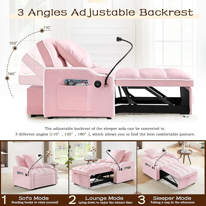 KINFFICT Sleeper Sofa Chair Bed Convertible 3-in-1 Sofa Armchair Adjustable Sleeper with Pullout Bed Single Lounger Futon with Side Pockets for Living Room (Pink)