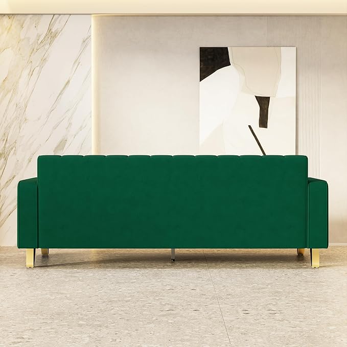 85.63 Modern Green Velvet Sofa with Gold Metal Legs Large Upholstered Comfy 3 Seater Couches for Living Room Bedroom Office (Green)