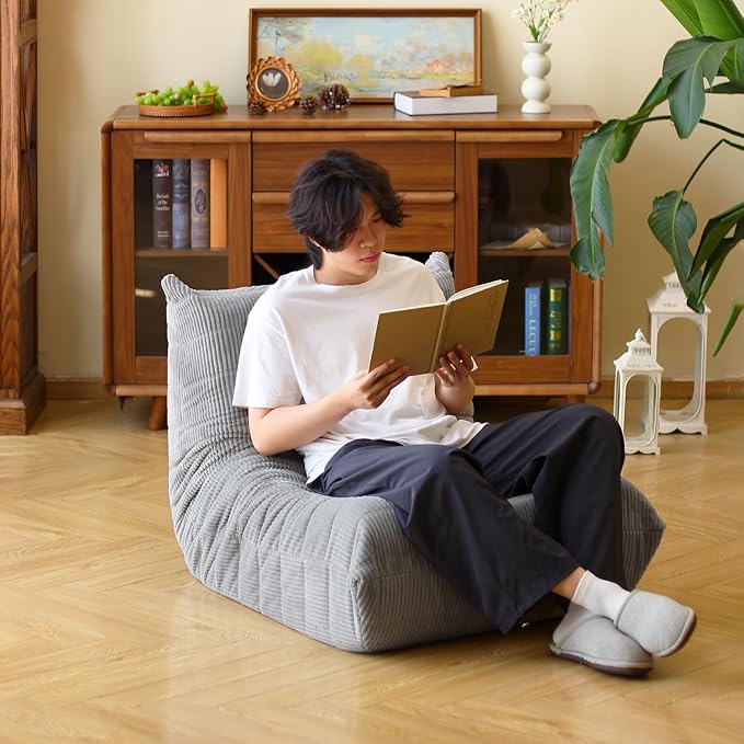 N&ampV Fireside Floor Sofa- Mid-Century Modern Armless Lounge Chair with Premium Soft Corduroy Fabric Plush Foam Cushion Accent Chair for Living Room Bedroom &amp Office (Light Grey)