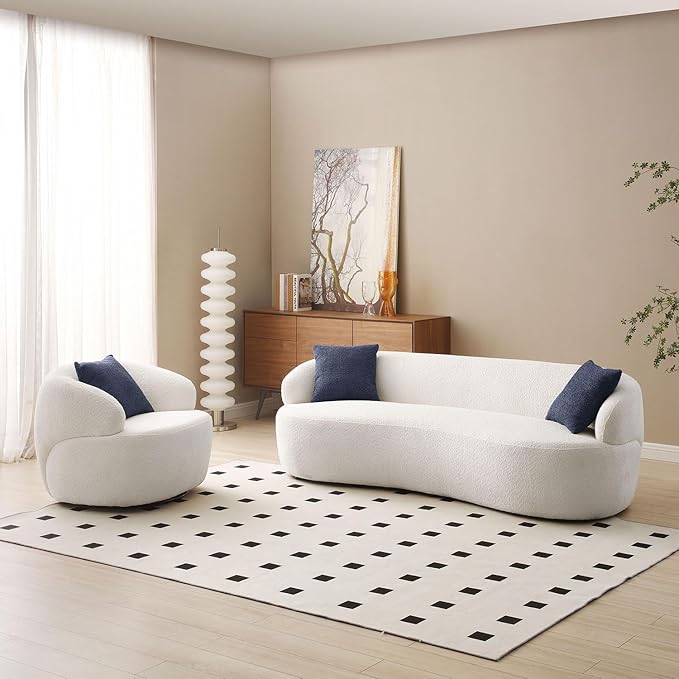 JUSTONE Mid Century Modern Curved Living Room Sofa 3-Seat Boucle Fabric Couch for Bedroom Office Apartment Beige