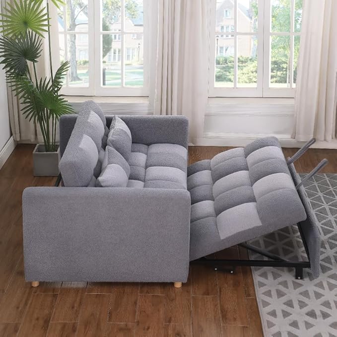 Loveseat Sleeper Sofa- 3 in 1 Convertible Sofa BedPull Out Couch with Adjustable BackrestMulti-Functional Lounge Chair with Teddy Fabric for Living RoomSmall Space (Grey)