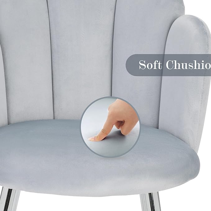 Vanity Chair for Makeup Room - Midcentury Modern Accent Chair for Living Room Bedroom Makeup Chair with Back Support Velvet Chair with Metal Legs (Light Grey)