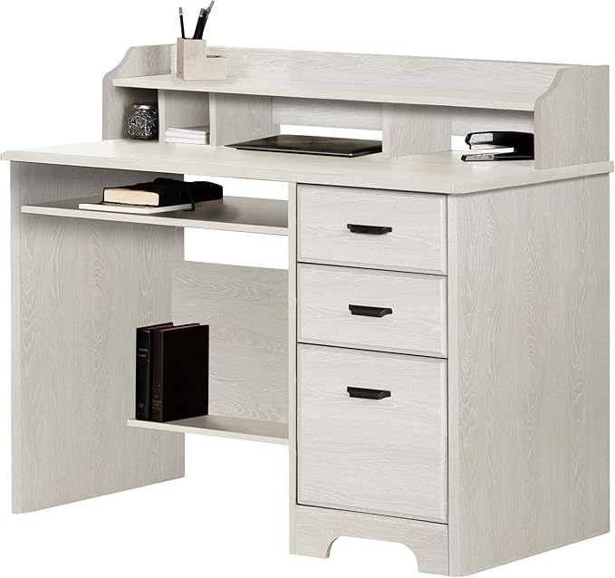 Pemberly Row Computer Desk with Hutch Winter Oak Finish Laminated Particleboard 3 Drawers and Shelves Traditional Home Office Desk for Workspace Organization and Storage