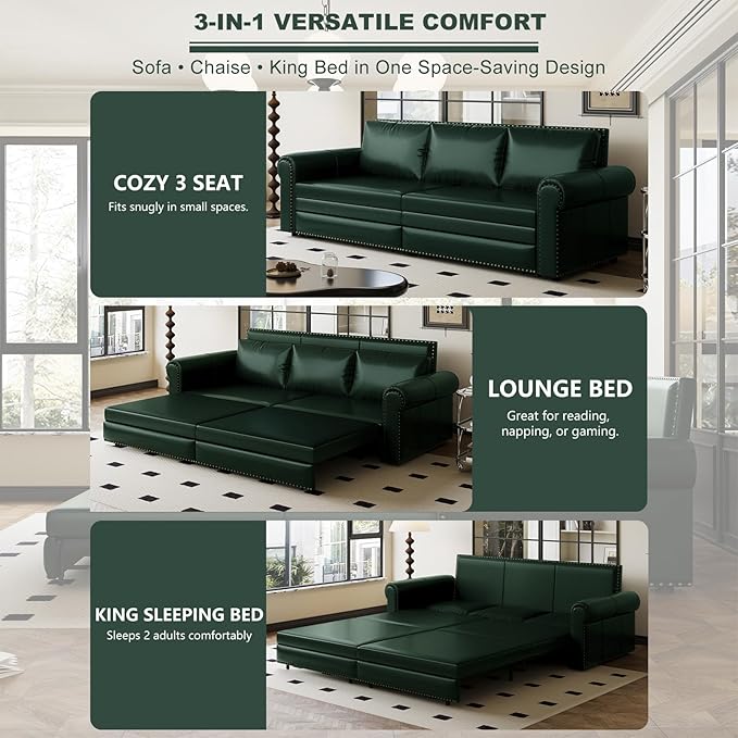 93.7 King Size Sleeper Sofa Bed Pull Out Sofa Bed Faux Leather Upholstery 3 in 1 Convertible Sleeper Couch Chaise Lounge Retro Recliner for Living Room Office Apartment Green