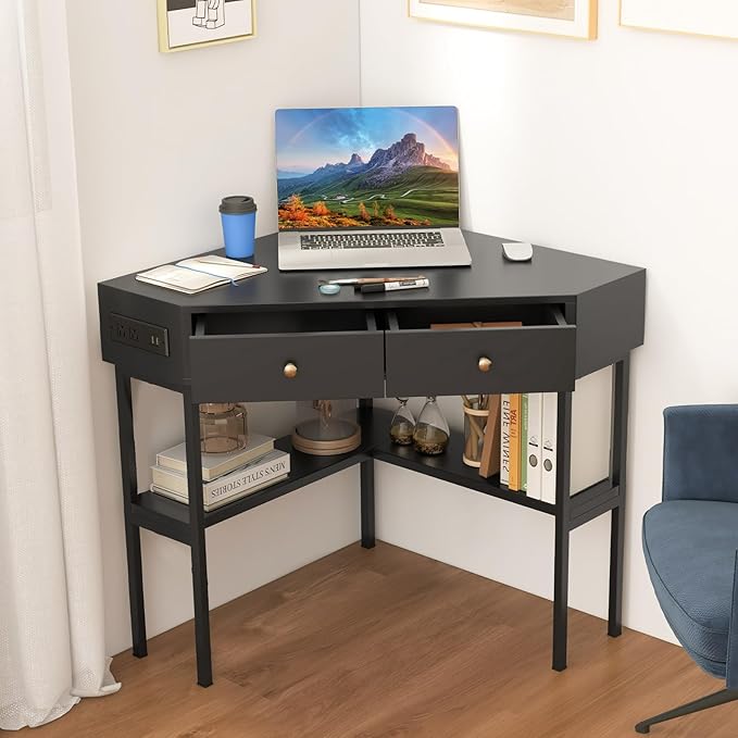 Giantex Corner Desk with Charging Station 90 Degree Triangle Computer Desk with 2 Drawers &amp Storage Shelf L-Shaped Writing Desk Makeup Vanity Table Compact Corner Desk for Small Spaces (Black)