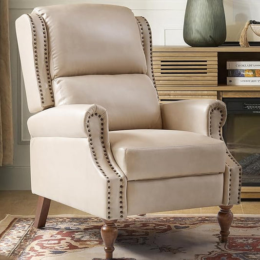 Pushback Recliner Chair Mid Century Modern Upholstered Faux Leather Recliner Single Sofa Accent Chair with Wood Legs and Rivet Decoration for Living Room Bedroom Beige