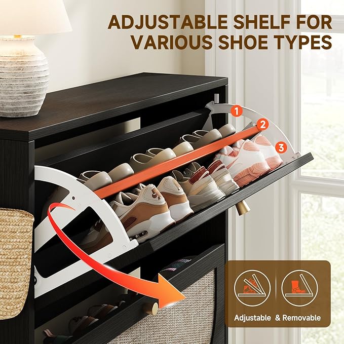 Nicetree Rattan Arched Accent Shoe Cabinet - Freestanding Ultra Slim for Entryway 2 Flip Drawers &amp 3-Tier Adjustable Shelves Farmhouse Modern Rustic Shoe Rack for Hallway Foyer Black