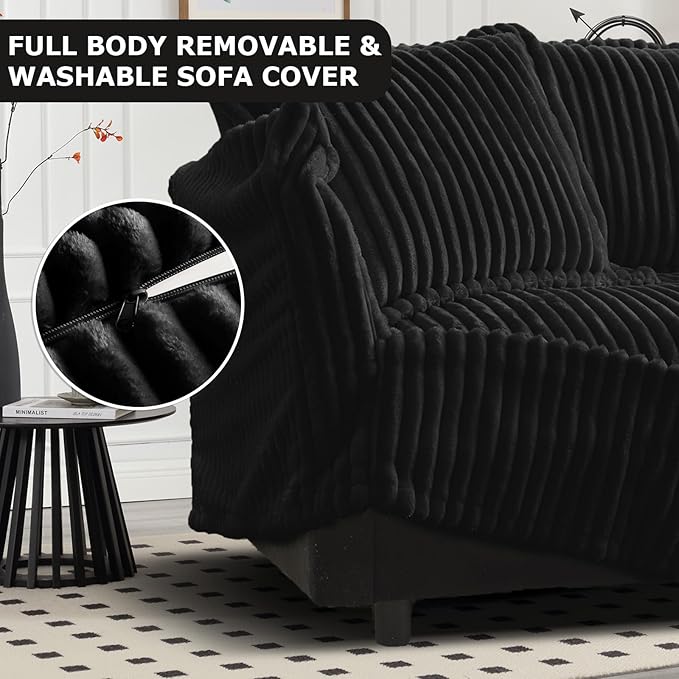 49''W Corduroy Chaise Lounge Chair Indoor Oversized Upholstered Sleeper Sofa with Movable Ottoman and 2 Pillows Removable Sofa Cover for Living Room Home Theater Apartment(Black)