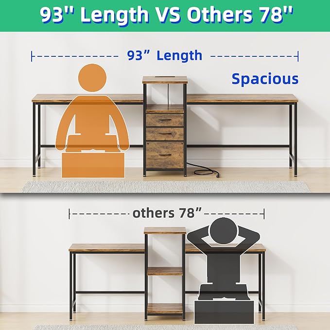 GYIIYUO 93'' 2 Person Desk with Charging Station Two Person Long Desk with 3 Fabric Drawers and Printer Shelf Double Computer Desk Writing Study Table Workstation for Home Office Rustic Brown