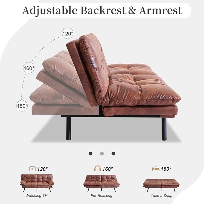 Opoiar Faux Leather Sleeper SofaMemory Foam Futon Sofa BedFoldable Couch SleeperCompact Sofa Padded with Metal Legs Modern Convertible Loveseat Sofa for Living RoomApartmentStudioBrown