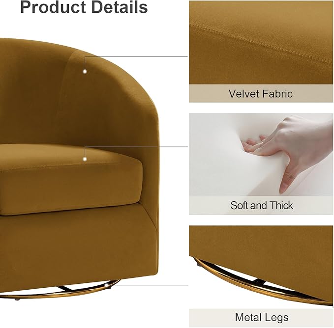 HULALA HOME Swivel Accent Chair with Gold Metal Base Set of 2 Contemporary Velvet Curved Swivel Barrel Chair Upholstered Club Armchair Leisure Single Sofa for Living RoomBedroom(Golden)