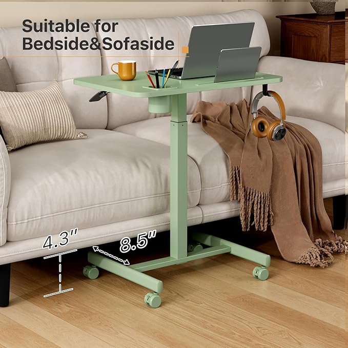 Mobile Standing Desk 28 inch Rolling Laptop Cart Adjustable Height with Cup Holder Portable Table with 4 Lockable Wheels Green Computer Workstation with Hook and Slots for Home Office