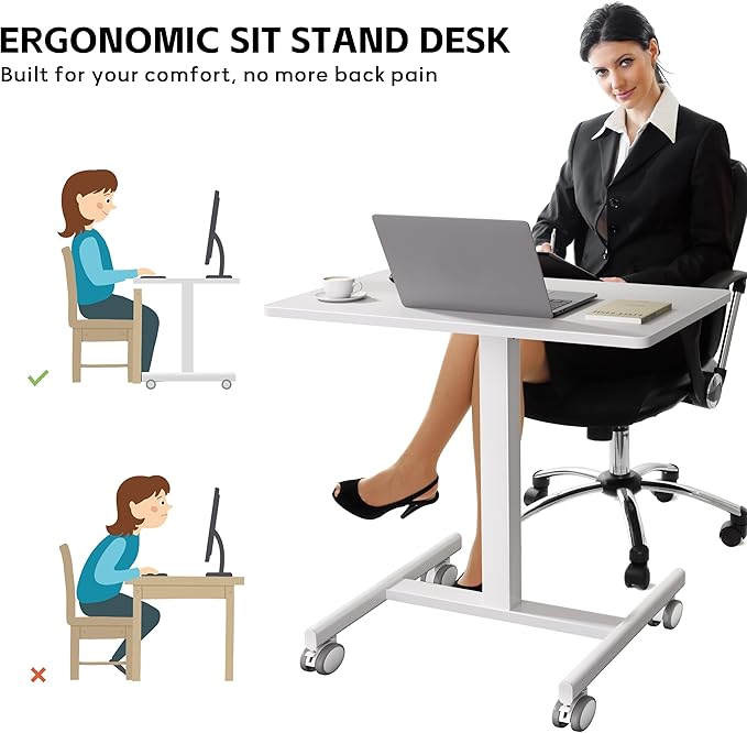 Mobile Laptop Standing Desk Adjustable Height Small Mobile Desk Workstation with Wheels Portable Rolling Computer Desk Cart for Home Office Classroom (White)