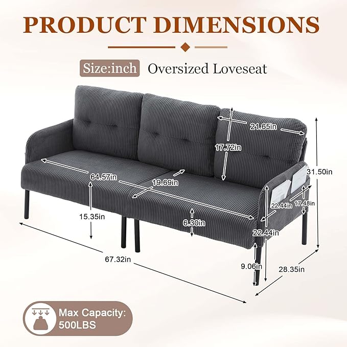 Loveseat Sofa 67” Small Sofa Couch for Living Room Comfy Corduroy Fabric Love Seat for Bedroom with Throw PillowRemovable Cushion CoverCouches for Small SpaceApartmentDorm (Gray)