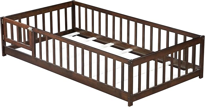 Bellemave Twin Floor Bed Frame with Slats and Safety Guardrail Wood Twin Size Montessori Floor Bed with Door and Fence Easy Assemble Montessori Beds for Kids Girls Boys Espresso