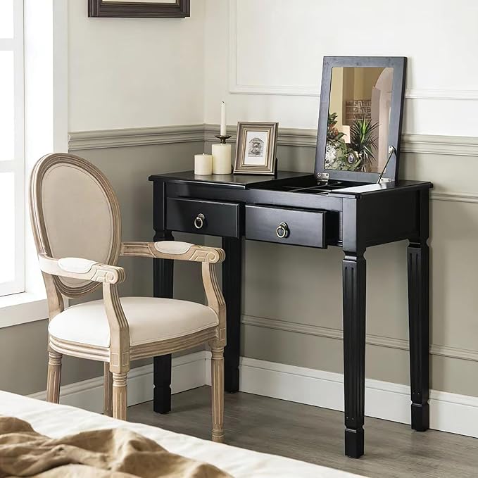 PADMA HOUSE Flip Top Wood Makeup Vanity Desk with Mirror Small Dressing Table with Two Drawers Flip-up Wooden Writing Desk Secretary Table in Black for Bedroom Living Room
