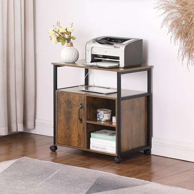 Hassyee Metal Side Frame Office Filing Cabinets with Socket and USB Charging Port Printer Stand File Cabinet with Storage for A4 Letter Size Easy Installation
