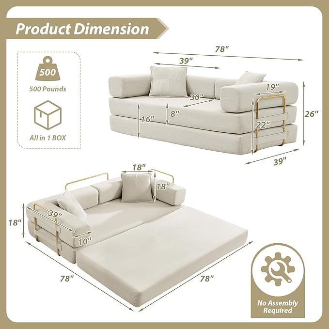 Folding Sofa Bed Convertible Corduroy Fabric Comfy Loveseat Sleeper Bed Modular Foam Compression Sofa Couch Floor Lazy Chaise Lounge for Guest Room Living Room Studio (Beige)