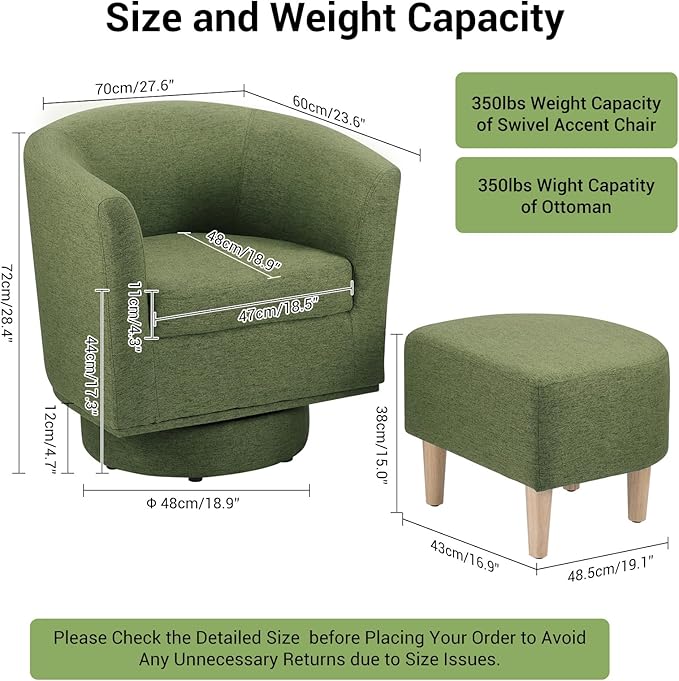 DAZONE Accent Chairs Set of 2 Green Barrel Chair with Ottoman Comfy Armchair for Small Spaces 360° Modern Fabric Lounge Chair for Living Room Bedroom Reading Nook Home Office