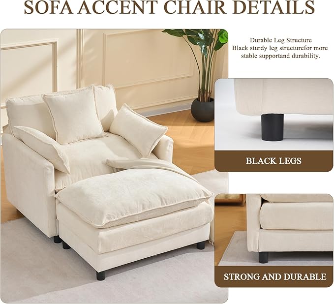 Oversized Accent Chair with Ottoman Chenille Cloud Single Sofa Upholstered Double-Layer Seat Lounge Armchair with Pillows for Living Room Reading Apartment Beige
