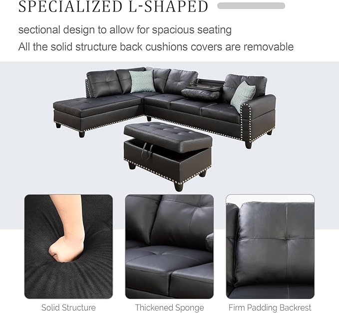 Sophisticated Simplicity Sectional Sofa with Ottoman Living Room Set Left Facing Chaise 2 Cup Holders 2 Throw Pillows Tufted Back and Seat - 99.5 D x 67 W x 32 H Black