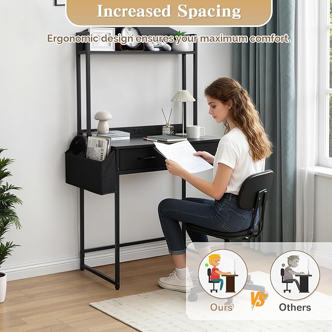 KATHY&ampBOB Small Home Office Study Desk - Freestanding Ladder Design with Fabric Drawers &amp Side Bag - Modern Vanity Makeup Desk - 2 Tier Shelf &amp Computer Gaming Station (Black Arched)